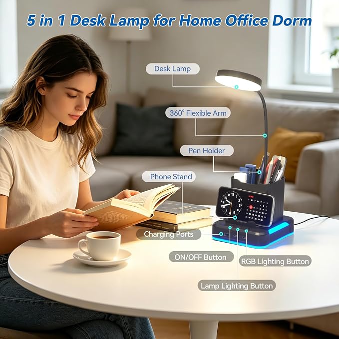 KDD 5 in 1 Desk Lamp with Charging Ports, 9 RGB Modes Gaming Table Light | Pen & Phone Holder, 360°Adjustable Gooseneck Desktop Lights, Dimmable Table Lamp for Home Office College Dorm Room