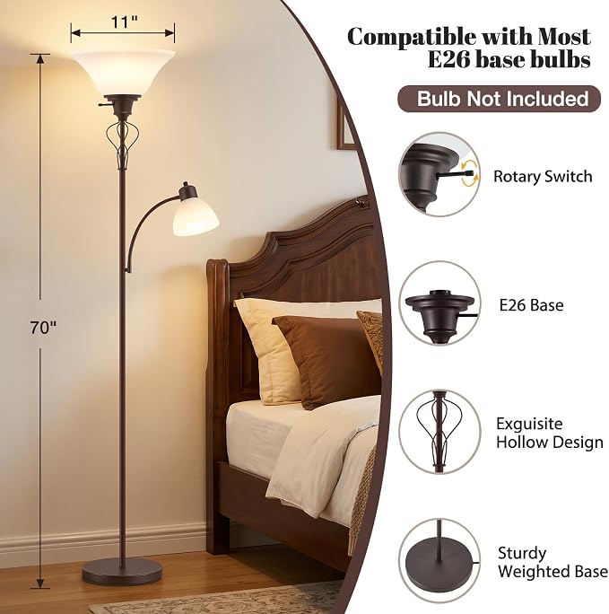 Floor Lamps for Living Room, 70" Tall Torchiere Floor Lamps, Plastic Shade | Tall Lamp with Adjustable Gooseneck Reading Light, Modern Corner Standing Lamp for Bedroom, Office, Separate On/Off Switch