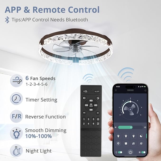 LEDIARY 2 Pack 20" Modern Ceiling Fans with Lights and Remote, Brown | Fandelier, Dimmable Low Profile, Flush Mount, Stepless Color Temperature Change, 6 Speeds, Bedroom, Living Room, Kitchen