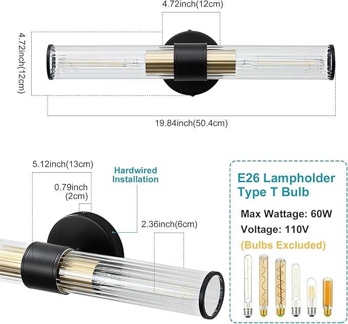 Bathroom Light Fixtures 2 Pack Hardwired, Black Gold Wall Sconce Threaded Glass Vanity Light Featuring Two E26 sockets, Bathroom Wall Light Dimmable - Bulb Not Included, UL Certification