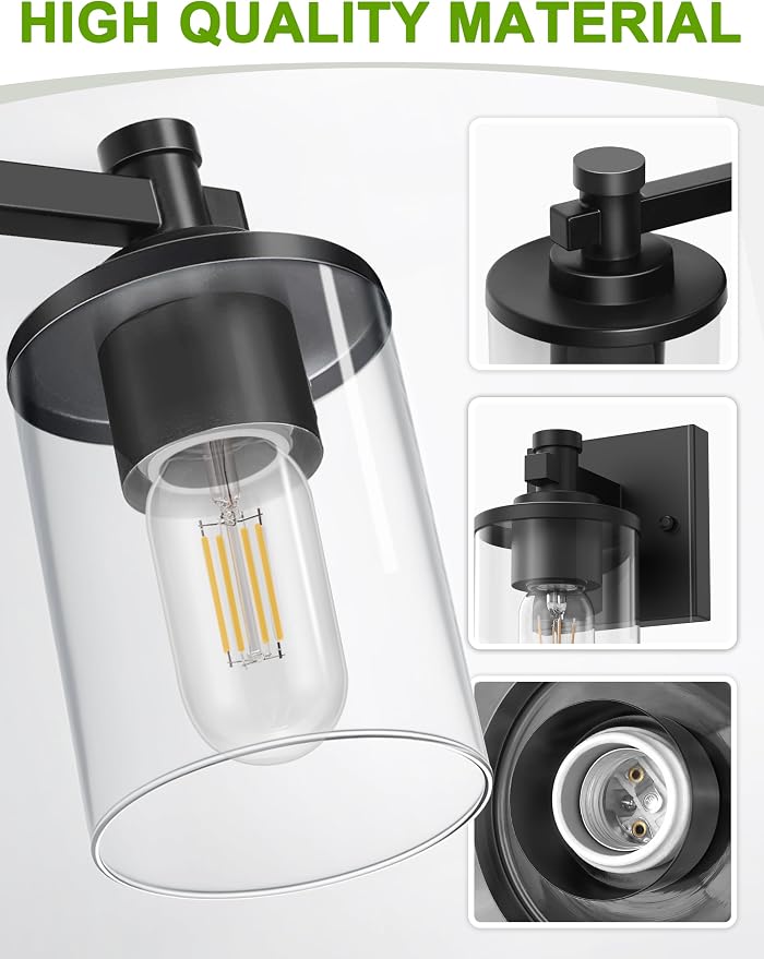 Bathroom Light Fixture, Bathroom Vanity Light Over Mirror, 1-Lights | Vanity Lights for Bathroom, Modern Lighting Fixtures with Clear Glass Shade, Black Vanity Lights, ETL Listed