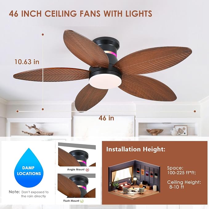 Tropical Palm Leaf RGB Ceiling Fans with Lights 46”, Brown Flush Mount Ceiling Fan with Light and Remote, 3CCT Dimmable LED&&Side RGB Light, Reversible 6 Speeds, Quite Low Profile Ceiling Fan Party