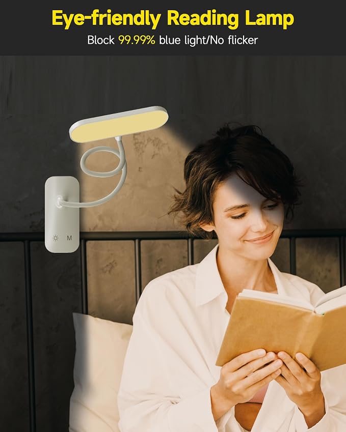 CUHIOY Rechargeable Clip on Light, Bed Headboard Reading Lamp, White | Portable Cordless Battery-Operated USB-C, 5 Colors 5 Brightness Goose-Neck, Flicker-Free Clamp Desk Light, Study or Craft Use