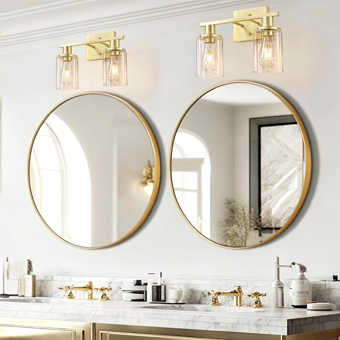 2-Light Gold Bathroom Vanity Light,Brushed Gold Bathroom Light Fixtures Over Mirror with Clear Glass Shade,Modern Wall Sconces Lighting for Kitchen Living Room Cabinet Hallway
