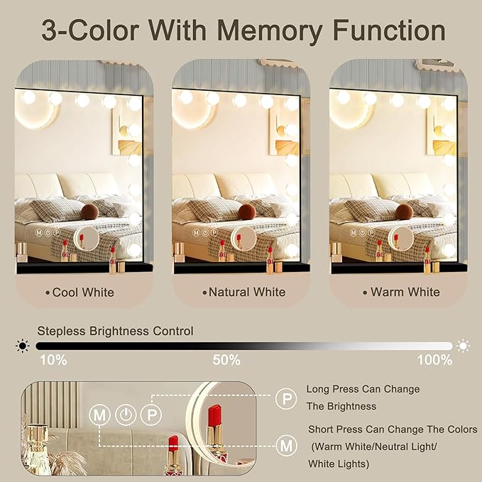 Black Hollywood Vanity Mirror with Lights, 18 Dimmable Bulbs, 3 Color Lights,Make Up Lighted Mirror, Aluminum Metal Frame, USB Charging Port（32" x 24"）
