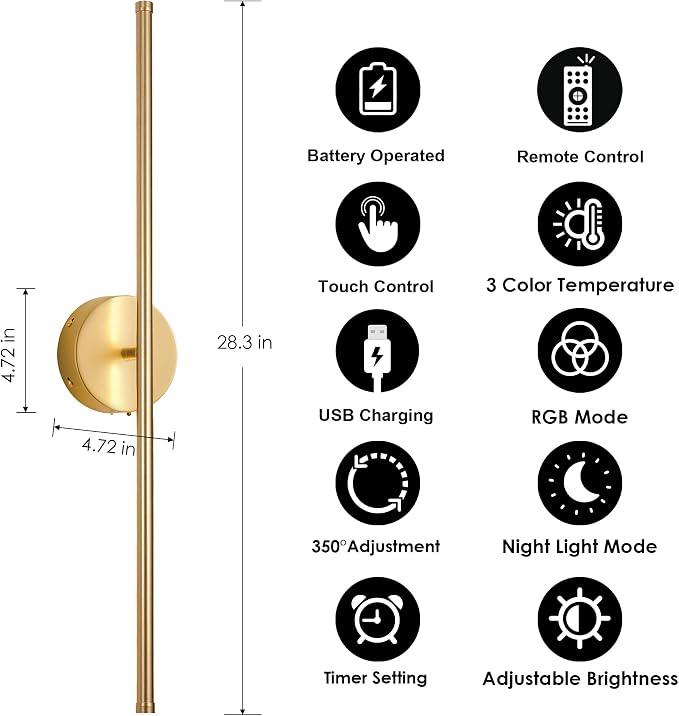 KARTOOSH Battery Operated Wall Sconces Set of Two Wireless Wall Lights | Rechargeable Wall Sconce with Remote 350°Rotate Dimmable RGB 3CCT LED Wall Lamp for Living Room, Bedroom