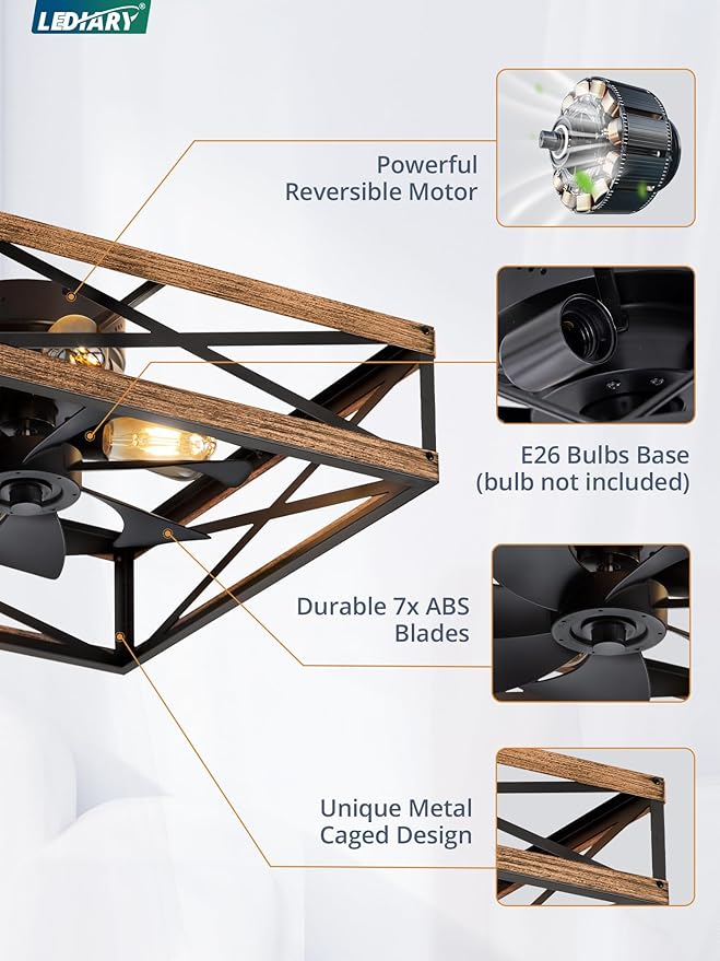 LEDIARY 23” Caged Low Profile Ceiling Fans with Lights and Remote, Rustic Square Flush Mount Ceiling Fan, 6 Speed and Reversible, Small Farmhouse Bladeless Ceiling Fan for Bedroom, Kitchen,Dining Room
