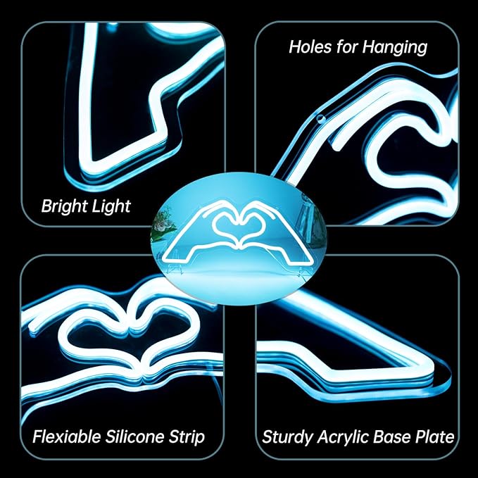 Heart Hands Neon Sign, Blue Room Decor, 15.75 inches Dimmable USB Powered Led Wall Art Decor, Music Merch Gifts for Girls Boys, Fans, Music Lover, Party, Christmas, Birthday(Blue）