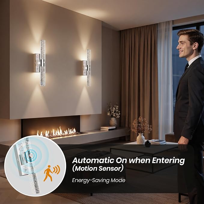 IRONPAX Wall Sconces Battery Operated Set of 2, Wireless Rechargeable Wall Sconce Set of Two, Dimmable Wall Lights with Remote for Bedroom Living Room Hallway Decor (Chrome, Bubble Crystal)