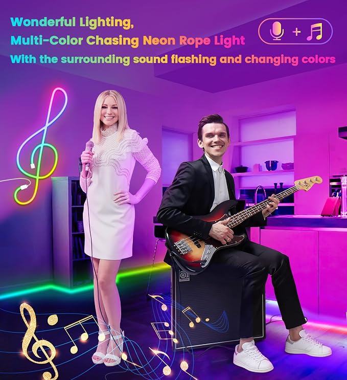 KJOY LED Strip Neon Flexible Rope Light, 11FT/3.5M RGB Neon Rope Lights with App & Remote Control, 12V Cuttable Silicone DIY Creative Rope Lighting Flex Rope for Bedroom Dormitory Kids Room Decor