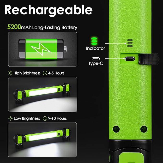 Ropelux Mechanic Work Light Bar with 2500LM 5200mAh Battery, Green 2 Pcs | 2-Level Brightness, 7500K Cool White, 4-10 Hours Runtime, Magnetic Bases, Hooks, 360° Rotating, Rechargeable, Tool Gift