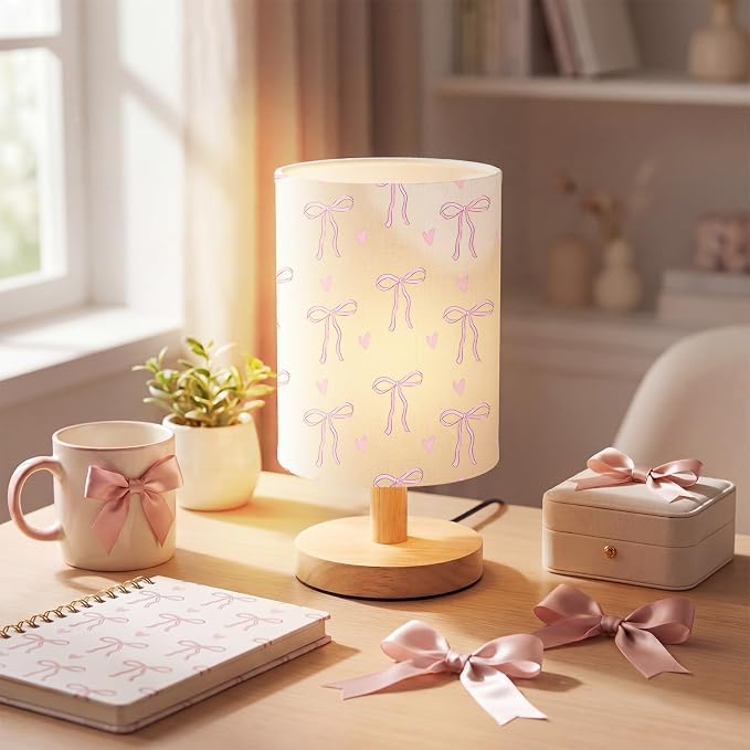 Pink Bow Kids Table Lamp for Bedroom Kids Bedside Lamp with Linen Wooden Nightstand Cartoon Nursery Lampshade for Girls Boys Living Room