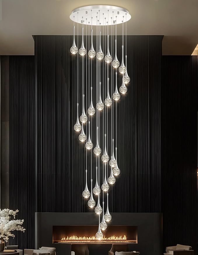 30 Light Modern Glam Crystal Chandelier for High Ceiling LED Dimmable Ceiling Pendant Light Staircase Foyer Enterway Living Room Chandelier Lighting Antique Silver