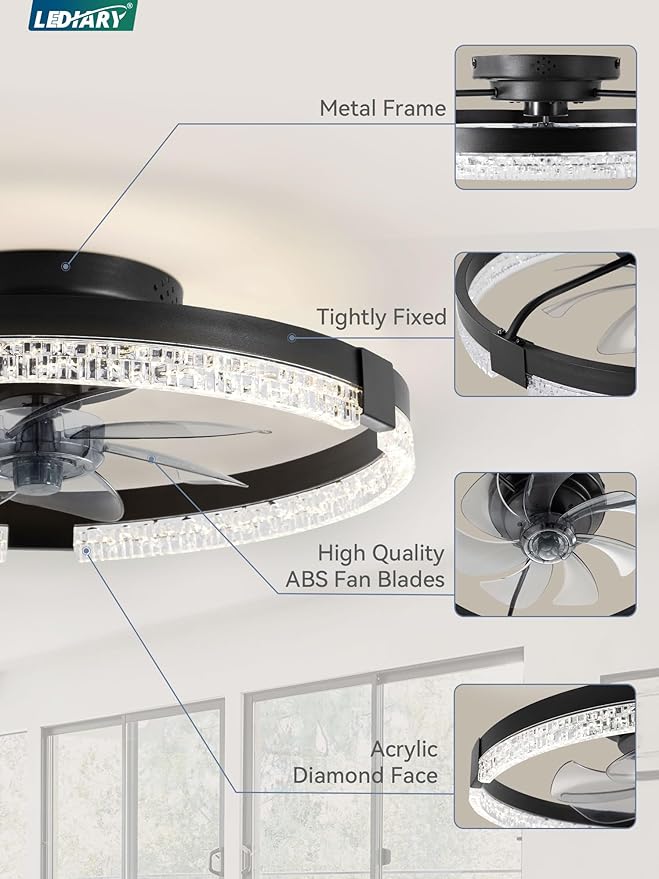 LEDIARY Flush Mount Ceiling Fan with Lights and Remote, 19.7'' Low Profile, 3000-6000K Dimmable Fandelier, 6 Wind Speeds, Black Modern LED Fan Light for Bedroom