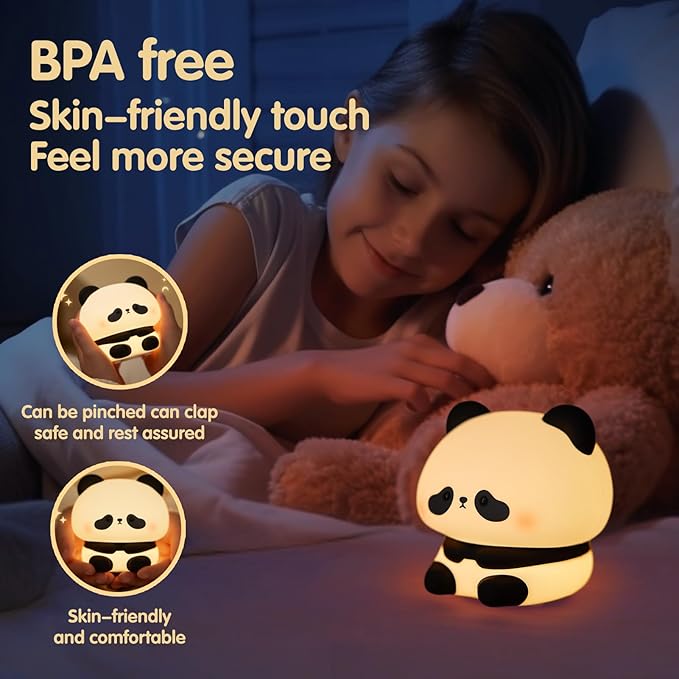 VTIGER Panda Night Light, LED Squishy Cute Lamp, Night Light for Kids, Silicone Panda Light, Dimmable Girls Baby Bedroom Nightlight, Rechargeable Touch Lamp for Breastfeeding Nursery Decor (TT)