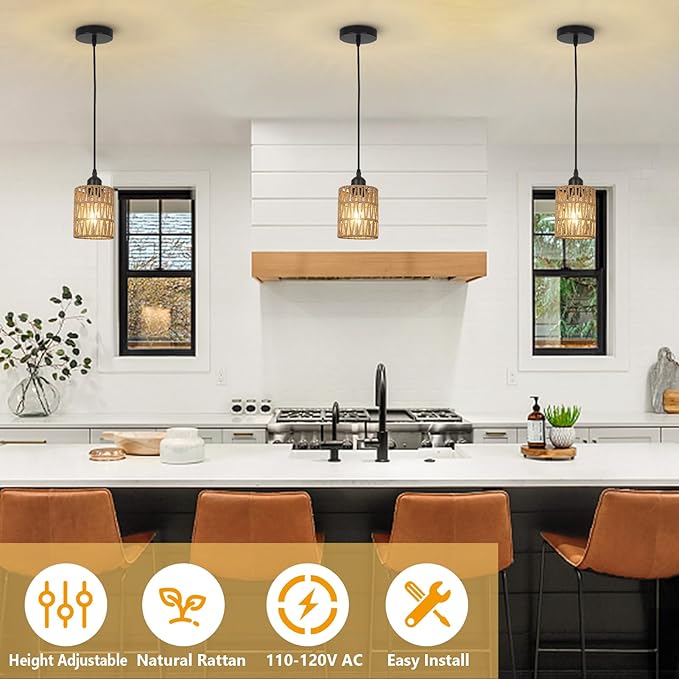 3 Pack Rattan Pendant Lights Kitchen Island, Farmhouse Pendant Lighting with Hand Woven Wicker Shade, Boho Chandelier Light Fixtures Ceiling Hanging for Dining Room Bedroom Foyer Hallway
