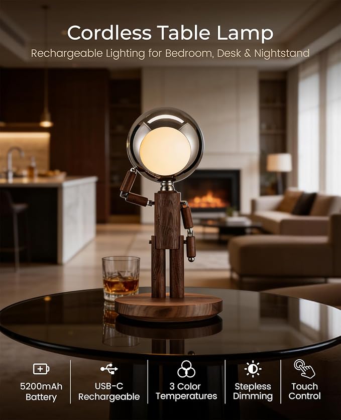 Cordless Table Lamp, Rechargeable Wooden Desk Lamp, Dimmable, Gift | Black Walnut, Touch Control, 3 Color Temperatures, Stepless Dimming, Home Decor, Gifts, Nightstand Robot Lamp