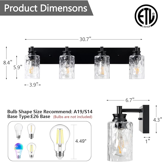 4 Light Bathroom Vanity Light Modern Black Bathroom Light Fixtures Over Mirror with Hammered Glass Lampshade for Kitchen Hallway