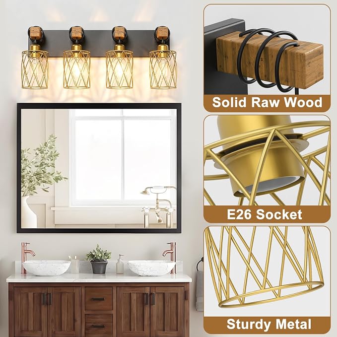 IZORRO Farmhouse Bathroom Vanity Light, 4-Light Wood Bathroom Light Fixtures Over Mirror, Black and Gold Industrial Vanity Lights with Metal Shade, Rustic Restroom Lighting Fixtures