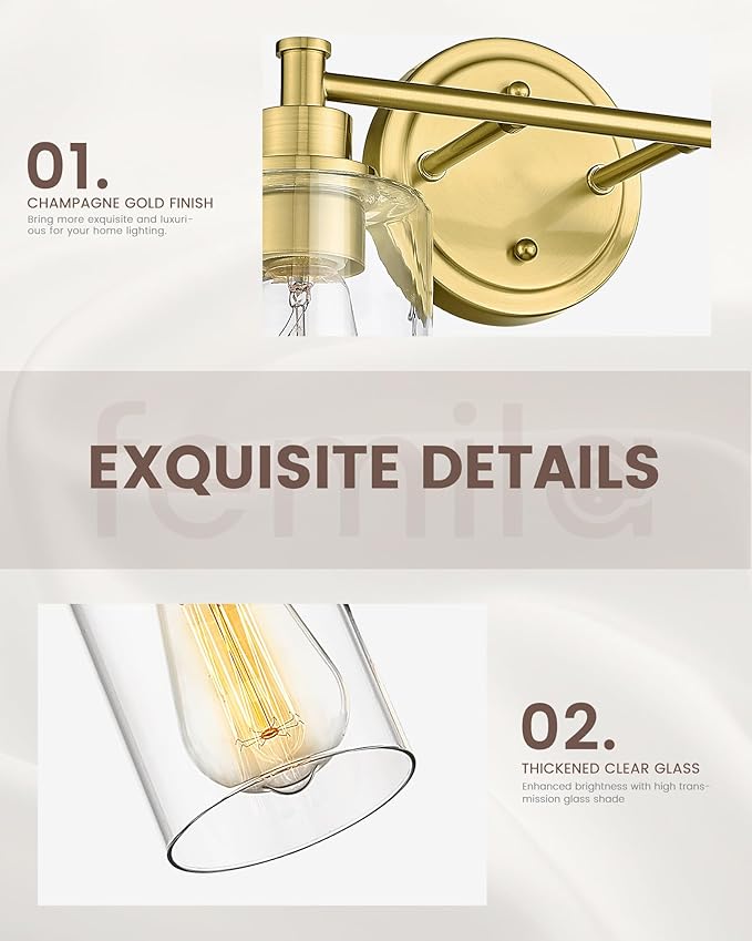FEMILA Champagne Gold Bathroom Vanity Light, 2-Light Vanity Lighting fixtures, Modern Wall Sconce Bathroom Lighting with Claer Glass Shade, 4FYC56B-2W BG