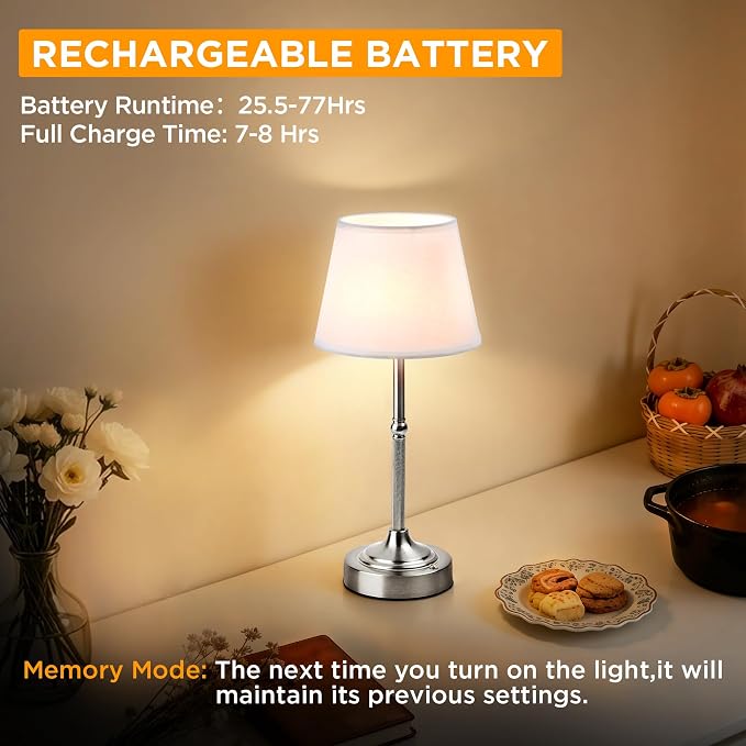 LUTEC Cordless Table Lamp, Battery Operated Lamp with 3 Color Temps and Stepless Dimming, 5200mAh Portable Rechargeable Table Lamp for Restaurant/Bedroom/Bars/Outdoor (Silver)
