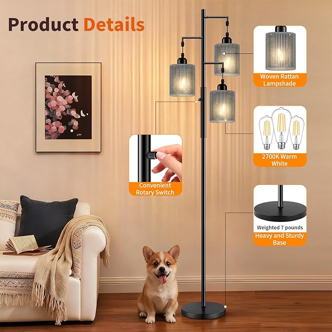 Hotsonic 72" Rattan Boho Floor Lamp, Tall Dimmable Standing Lamp with Handcrafted Gray Shade, Industrial Tree Floor Lamps for Living Room, Bedroom, Study Room, Office(3x800LM LED Bulbs Included)-Black
