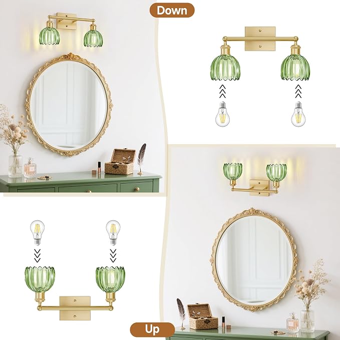 Bathroom Lights Over Mirror,2-Light Vintage Vanity Light Fixtures,Retro Brass Bathroom Light, Flower Wall Sconce With Green Tulip Glass Shade For Bedroom, Living Room, Dressing Table, E26 Base