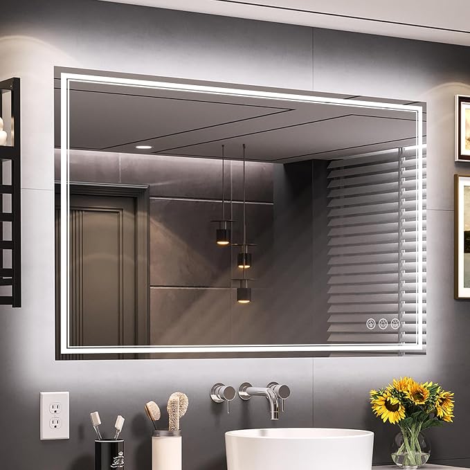 Ratsamee 48x36 Inch LED Bathroom Mirror with Frontlit & Backlit, Lighted Mirror for Bathroom Wall with 3-Color Dimmable & Anti-Fog, Vanity Mirror with Lights