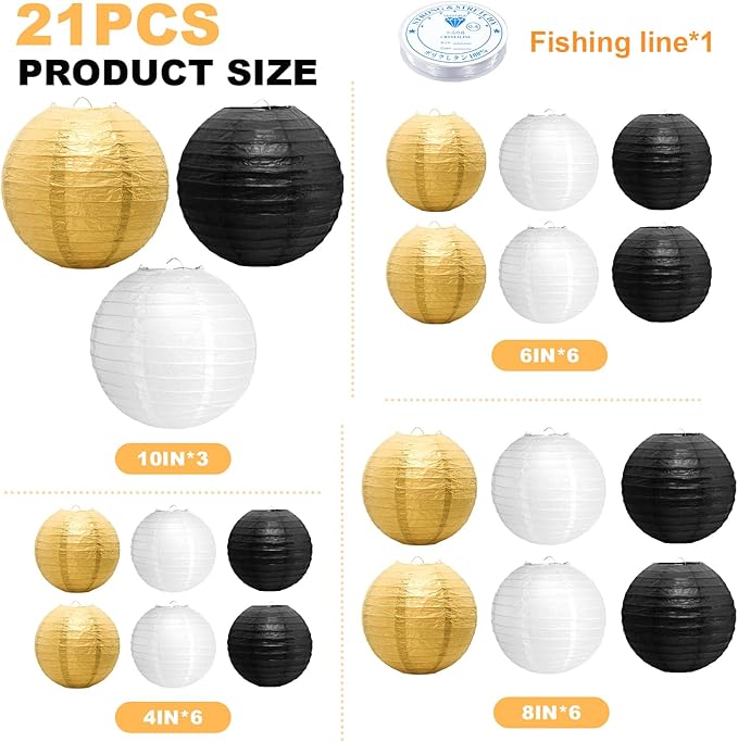 21 Pcs Paper Lanterns Party Decorations, 4/6/8/10 Inch Round Chinese Hanging Paper Lanterns for Wedding, Birthday, Baby Shower, Graduation, Classroom Ceiling Decorations Indoor Outdoor