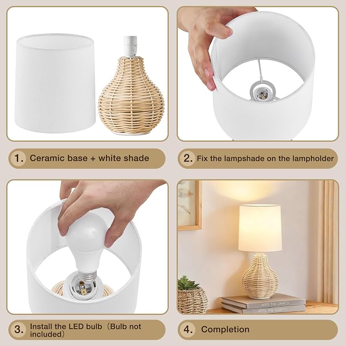EJIAXIN Rattan Table Lamp Boho Lamps Set of 2-12.5" Mini Farmhouse Wicker Light Rustic End Table Decorative Small Lamps for Small Spaces Bedroom Nightstand Living Room Reading Desk Side Table Lamp