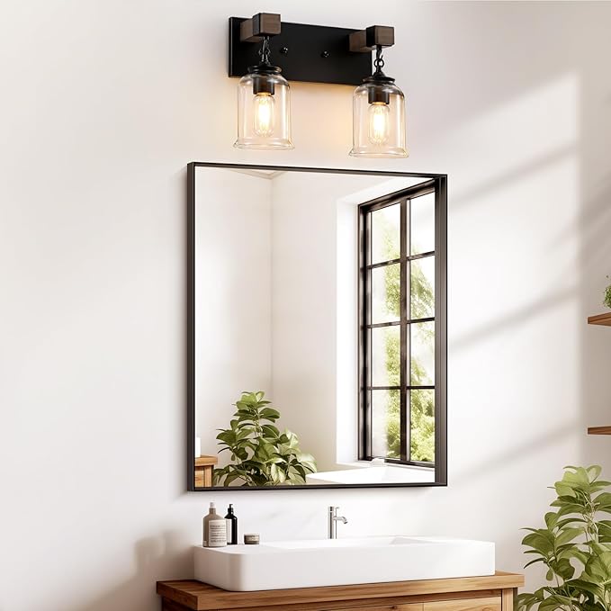 Farmhouse Bathroom Light Fixtures, 2 Light Black Vanity Light, Industrial Style with Clear Glass Shades, Rustic Wood Bathroom Lighting Fixtures Over Mirror for Bedroom, Living Room