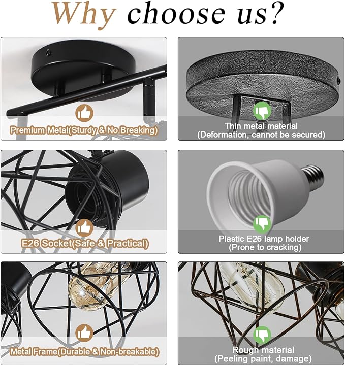 2 Lights Adjustable Multi-Directional Black Light Fixtures, Semi Flush Mount Ceiling Light, Kitchen Light Fixtures Ceiling Mount, Geometric Metal Cage Industrial Spotlight Fixtures for Dining Room