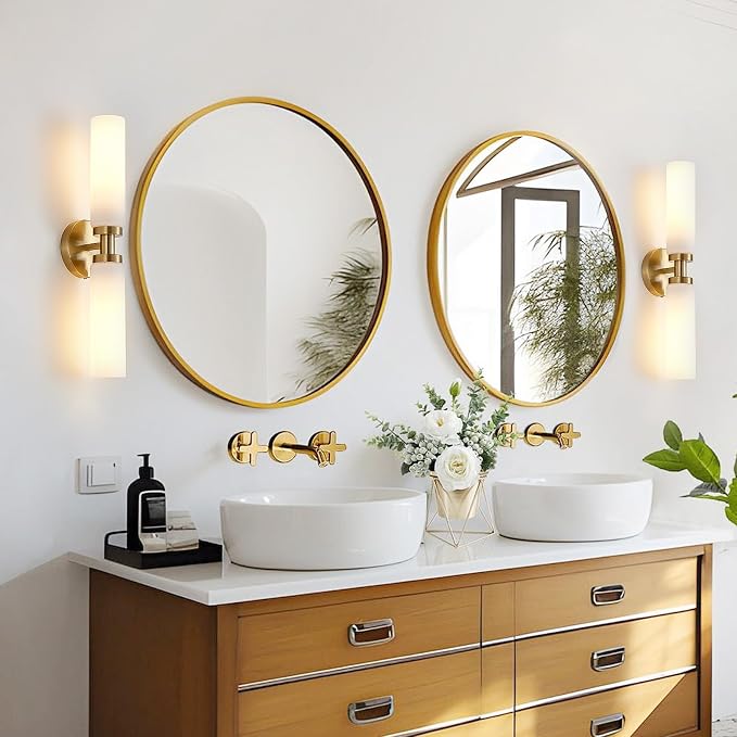 Lanhall 2 Light Brushed Brass Gold Bathroom Light Fixture Over Mirror, Modern Farmhouse Bathroom Vanity Lights with Milky White Frosted Glass Shade, Wall Sconce for Hallway Cabinet Bedroom Porch