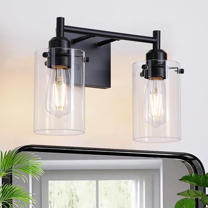 Matte Black 2-Light Bathroom Light Fixtures,Bathroom Vanity Light Over Mirror with Glass Shade,Modern Farmhouse Wall Sconces Lighting for Bedroom Cabinet Kitchen Living Room