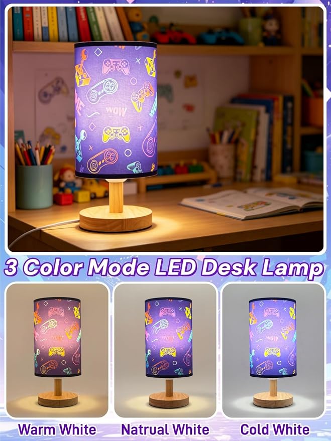 Video Game Table Lamp,Gaming Lamp for Bedroom Boys Gaming Lights,3 Colors Mode Nightstand Night Light with Cartoon Lampshade Kids LED Desk Lamp for Home Gamer Room Decor Gifts for Gamers