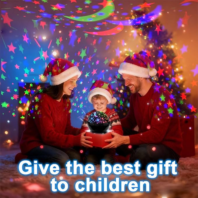 Night Light for Kids, Room Decor for Boys, LED Projector, Rotation Night Light Projector, USB or Battery Operated Star and Moon Lights, Change Color Star Lights (Black)