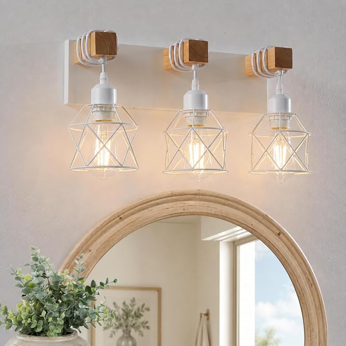 Farmhouse Vanity Light Fixture,3-Light Bathroom Lighting,White Modern Wood Wall Light Over Mirror with Metal Shade,Bulbs NOT Included