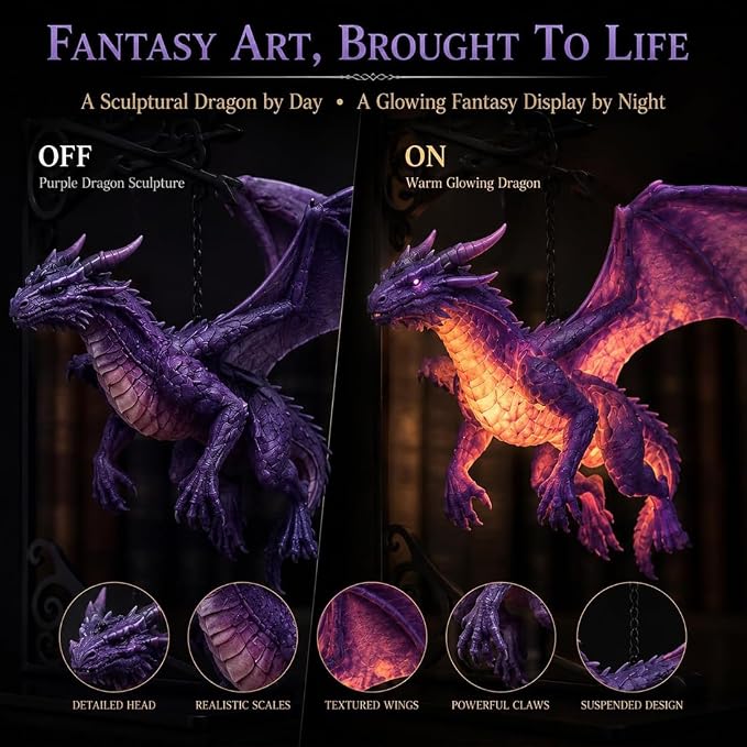 Magical Floating Dragon Bookshelf Lamp, Warm LED Dragon Night Light, Fantasy Gothic Bookend Decor, Reading Nook Ornament, Gift for Book Lovers & Fantasy Fans，Purple+Purple
