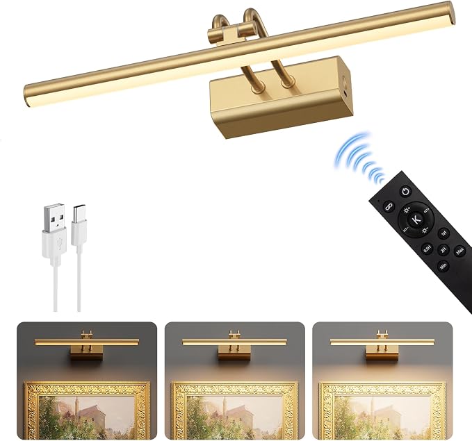 13.8'' Battery Operated Picture Light for Wall, Remote Control | 4000mAh Cordless,Gold Wall Light, Magnetic for Easy to Charge,Timers, Display for Gallery Living Room Bedroom