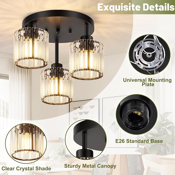 3-Light Crystal Semi Flush Mount Ceiling Light, Black Kitchen Lighting Fixtures Ceiling, Modern Hallway Light Fixtures with Clear Crystal Shades, Close to Ceiling Lamp for Bedroom Foyer Entryway