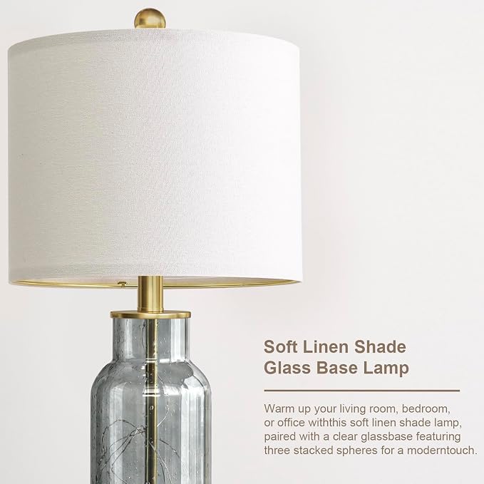 22" Glass Table Lamps Set of 2, Gray Modern Bedside Lamp with LED Night Light for Living Room, Nightstand Lamp with USB Ports for Bedrooms, Study Room, End Table(2 Bulbs Included)