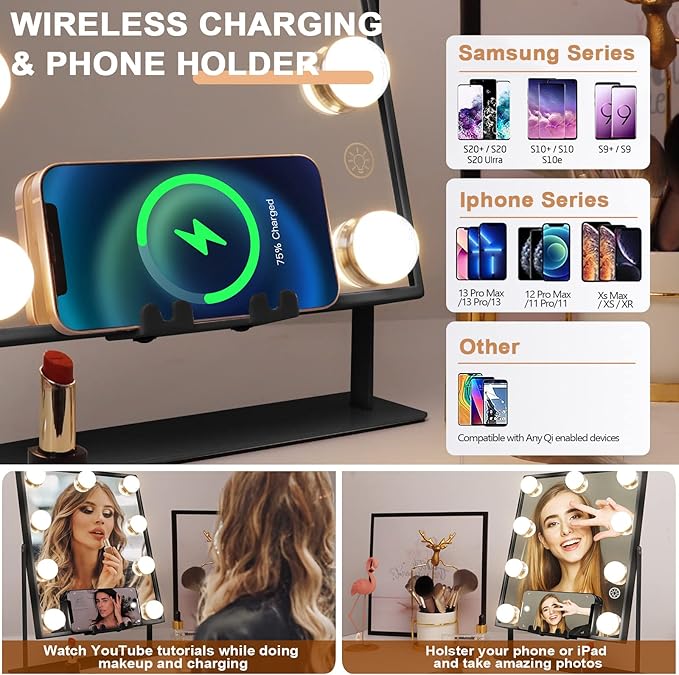 Hansong Lighted Black Vanity Mirror with Music Speaker and Wireless Charging Makeup Mirror with Lights 9 Dimmable Bulbs Lighted Hollywood Makeup Mirror 3 Color Lighting Tabletop