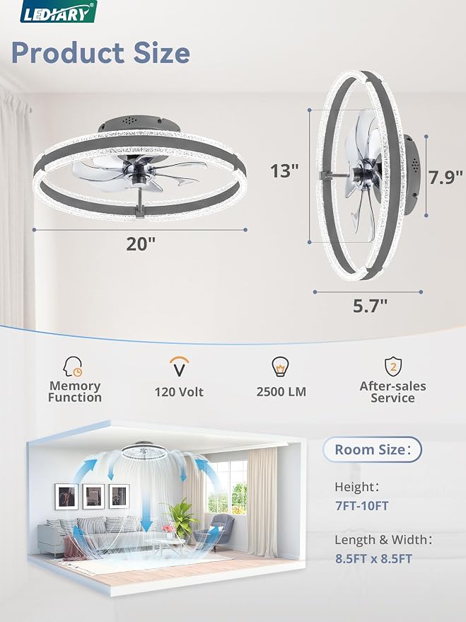 LEDIARY Ceiling Fans with Lights and Remote, 20'' Low Profile Ceiling Fan with Light, 3000-6000K Dimmable Fandelier Ceiling Fans, Modern Flush Mount Fan Light for Bedroom with 6 Wind Speeds-Sandy Gray | 3000-6000K Dimmable LED, 6 Wind Speeds, Quiet Rev...