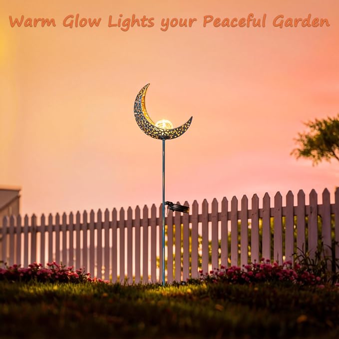 Moon Solar Garden Lights Outdoor Stakes, Waterproof Crackle Glass Metal Yard Lights for Lawn, Patio Accessories, Backyard Decor, Birthday Gifts for Mom