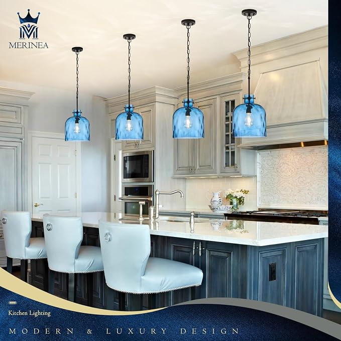 Blue Hammered Glass Pendant Light – 10-Inch Wide Single Dome Light Fixture, 1-Light E26 Ceiling Hanging Lamp for Kitchen Island, Dining Room, Hallway