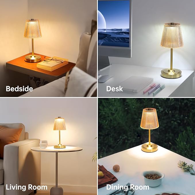 Shenmoyl Set of 2 Cordless Touch Table Lamp with 5200mAh Battery - 3 Adjustable Color Temperatures & Dimmable, Rechargeable Lamp for Bedsides, Living Room, Entryway, Bookshelves (Amber Stripe)