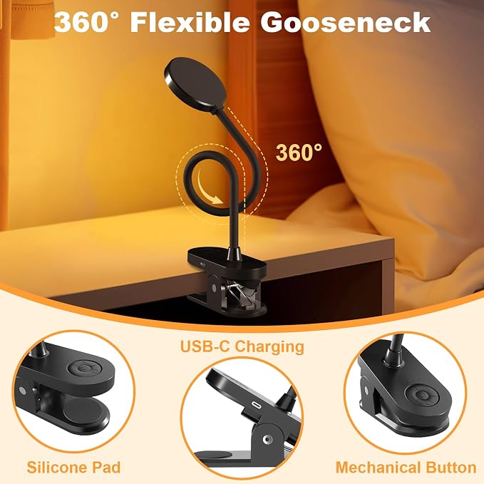 Rechargeable Clip on Light for Bed, 61 LED Cordless Reading Lamp with 3 Color Modes & 10 Brightness Levels, Portable and Flexible Book Light Clamp on Office Desk Bunk Bed Dorm Headboard (Black/3.5'')