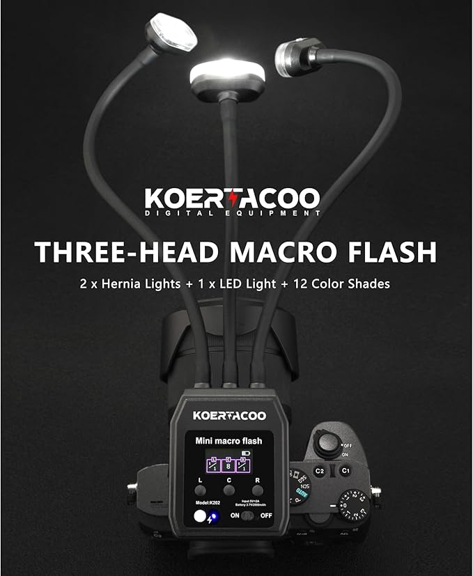 Triple Macro Flash, 2 x Xenon (5600K) 1 x LED Solid Light (6500K) with Extended Arm for Insect and Plant Macro Photography, Compatible with Sony, Canon, Nikon and Fujifilm.
