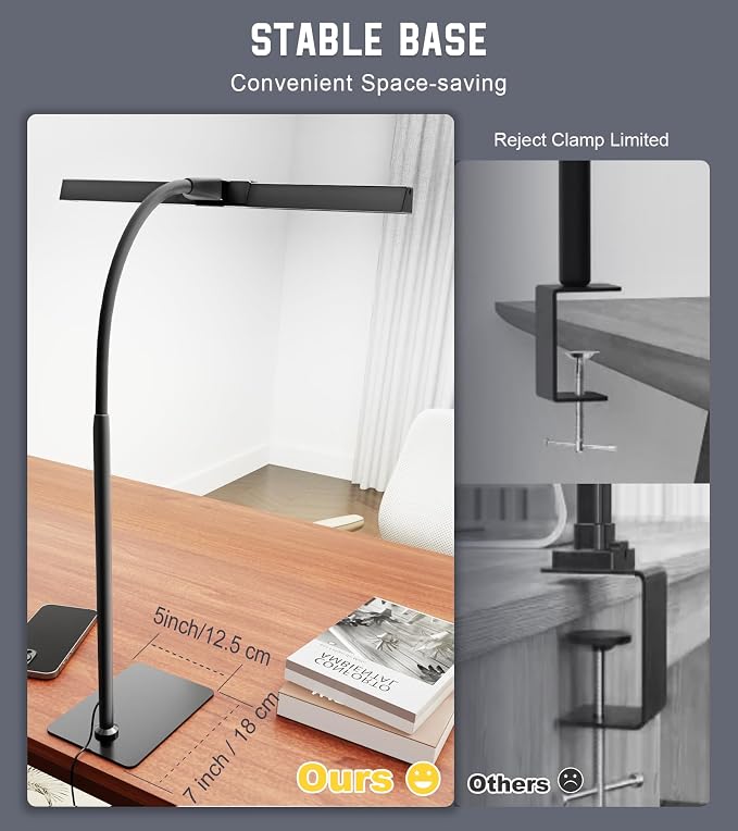 LED Desk Lamp for Home Office with Base, Eye-Caring Desk Light 12W | Tall Lamp for Computer Monitor Task Reading, Adjustable Gooseneck, 5 Dimmable Brightness & Color, USB Touch Control, Timer