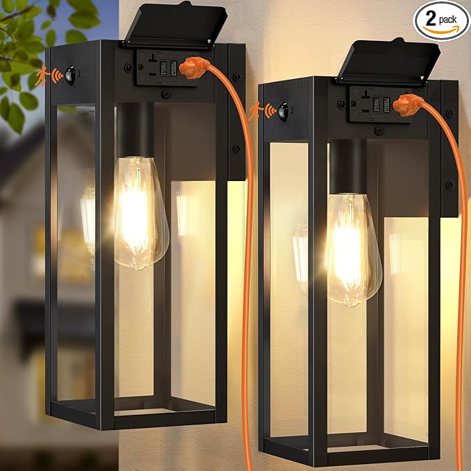 Porch Lights with GFCI Outlet, Large Motion Sensor Outdoor Lights | Dusk to Dawn, Anti-Rust, Waterproof, Tempered Glass, Easy Installation, E26 Socket, 2-Pack Black Exterior Lighting for Patio